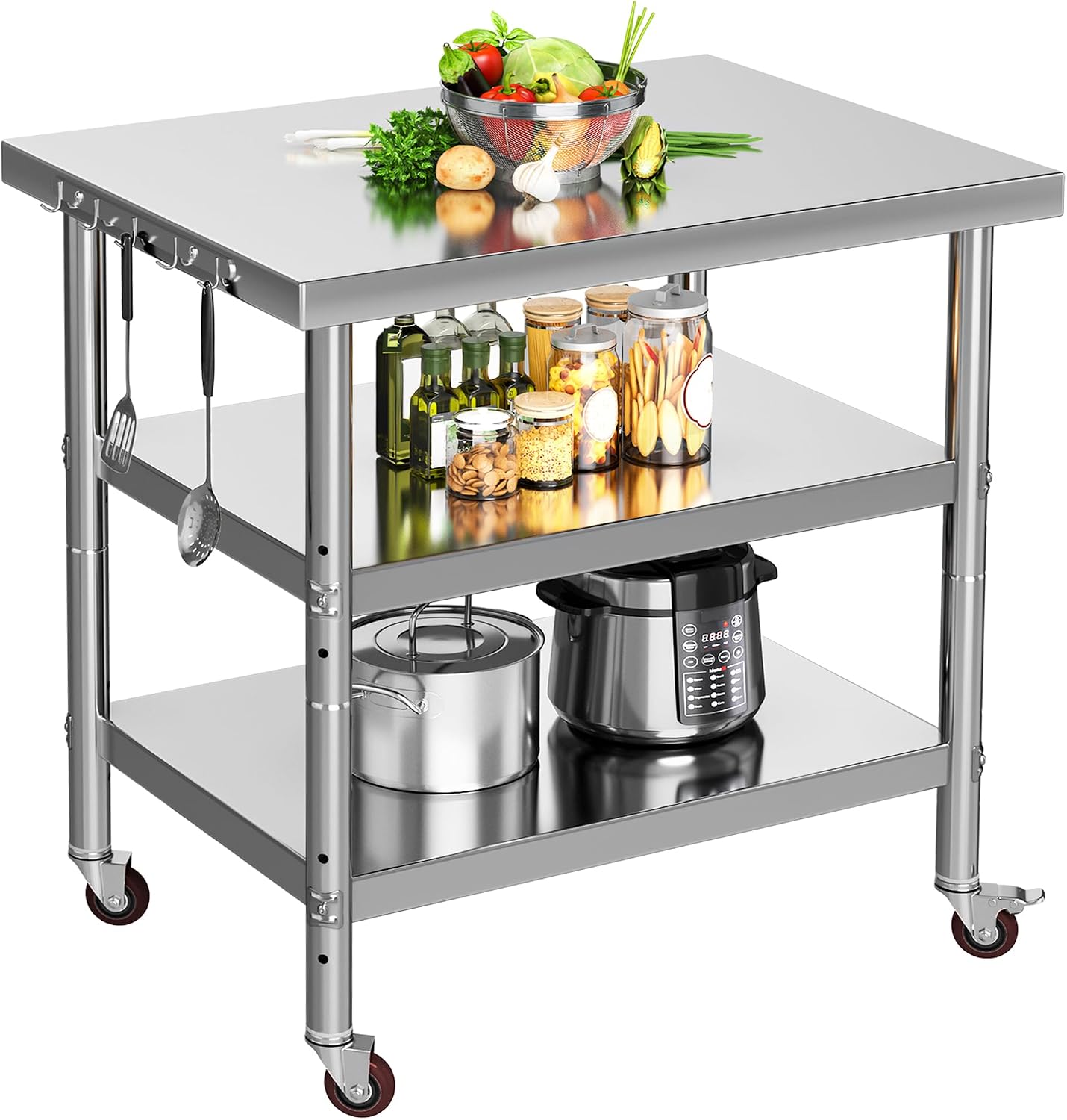 Commercial Kitchen Island On Wheels - 스테인리스 스틸 식품 준비 테이블, 3단