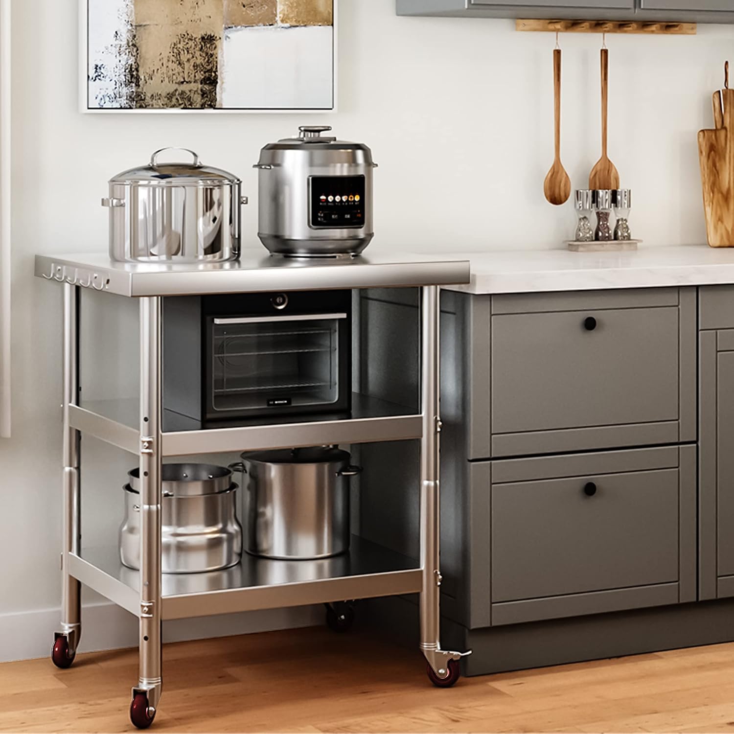 스테인리스 스틸 식품 준비 테이블, 3단 헤비듀티 금속 - Commercial Kitchen Island On Wheels 리뷰 및 가격