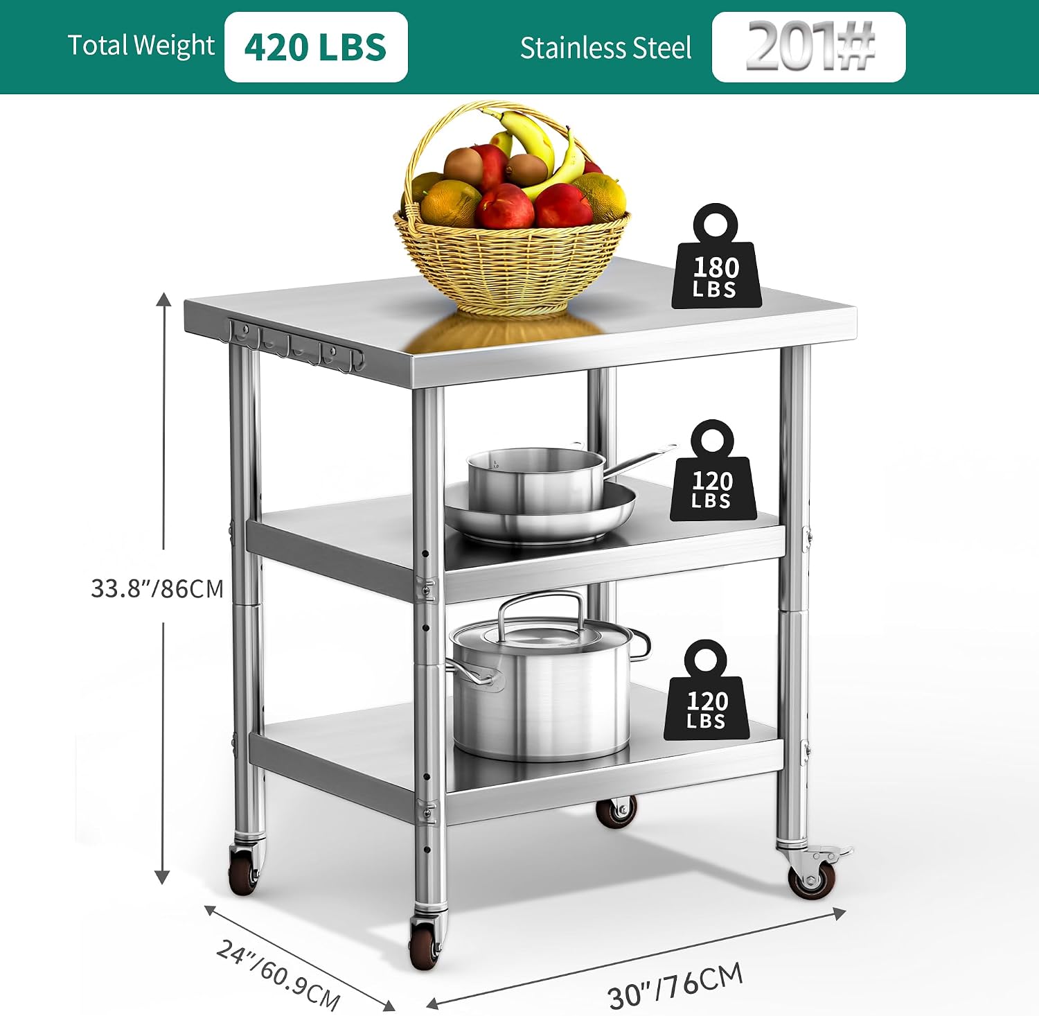 스테인리스 스틸 식품 준비 테이블, 3단 헤비듀티 금속 - Commercial Kitchen Island On Wheels 리뷰 및 가격