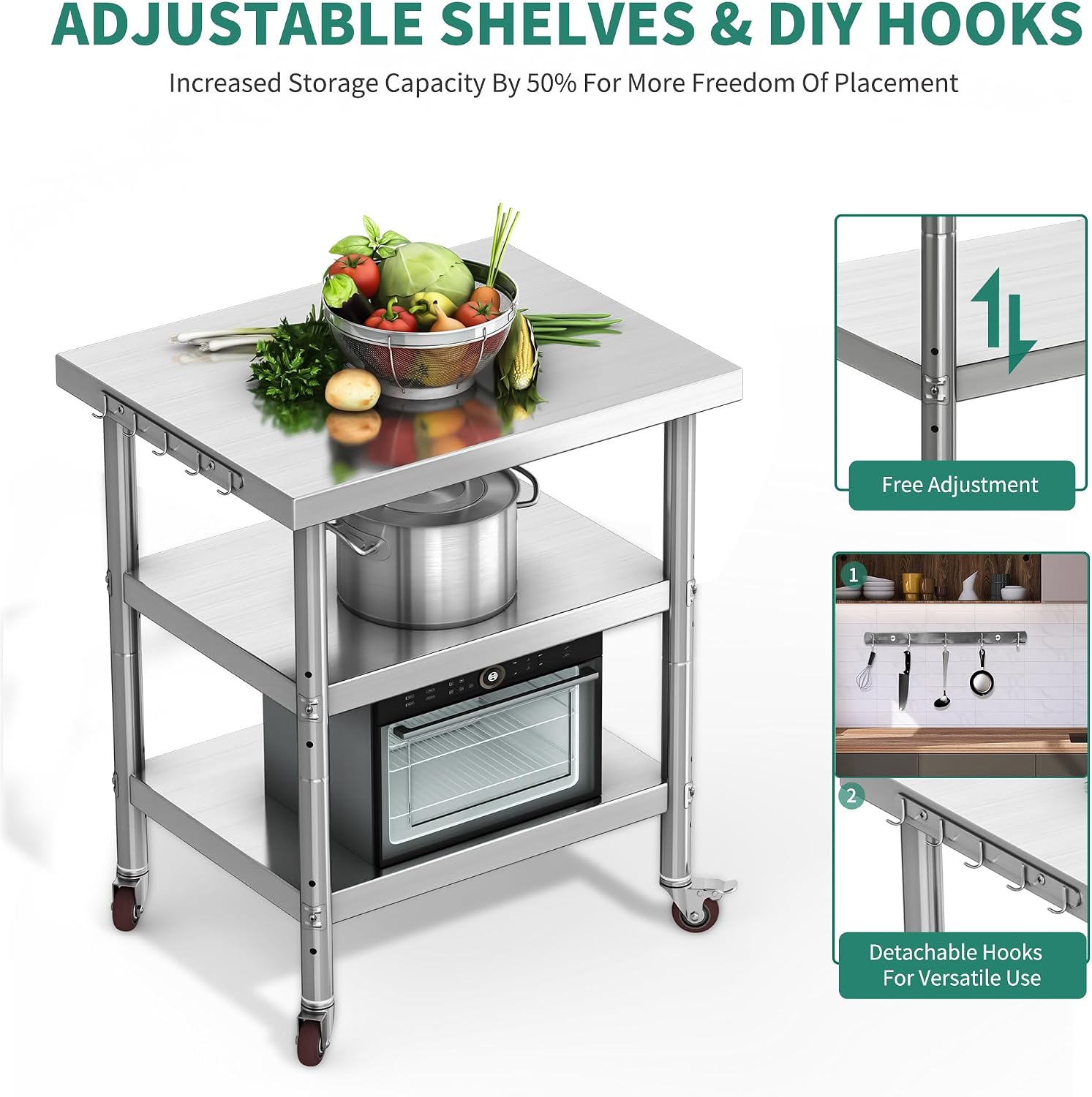 스테인리스 스틸 식품 준비 테이블, 3단 헤비듀티 금속 - Commercial Kitchen Island On Wheels 리뷰 및 가격